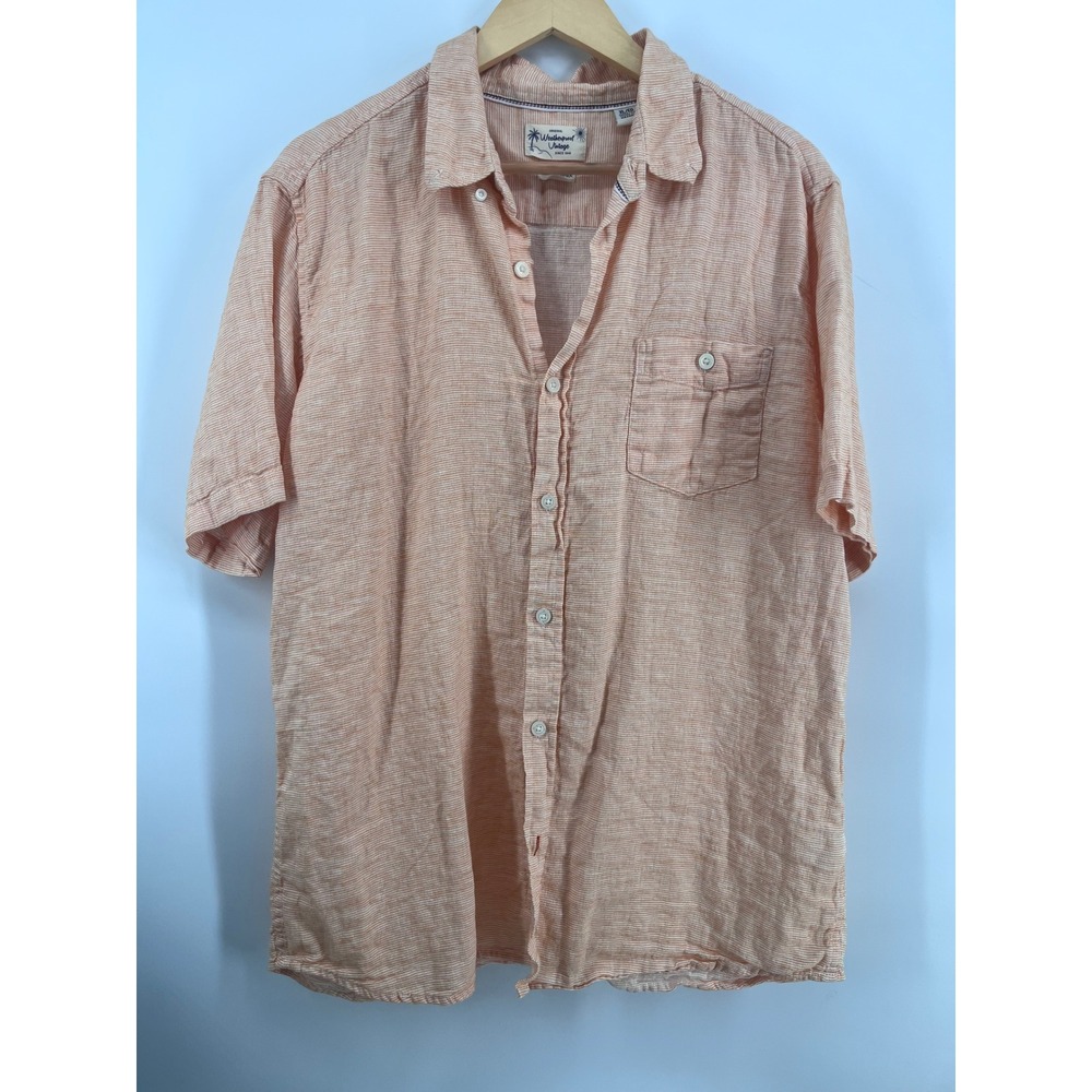 Vintage Mens XL Orange Striped Washable Linen Short Sleeve Shirt Casual